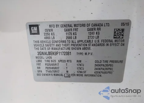 2015 Chevrolet Equinox 1Lt z USA, uszkodzony, nr VIN 2GNALBEK9F1172081